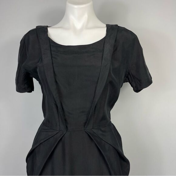 & Other Stories Black 100% Silk Hourglass Pinup Goth Midi Dress Pockets 36 S 4 - Picture 5 of 16